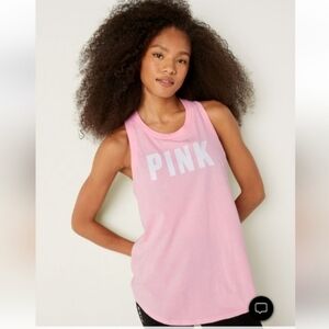 PINK Sleeveless Tank Pink Daisy Classic Logo Cutout Back Workout Yoga Size XS